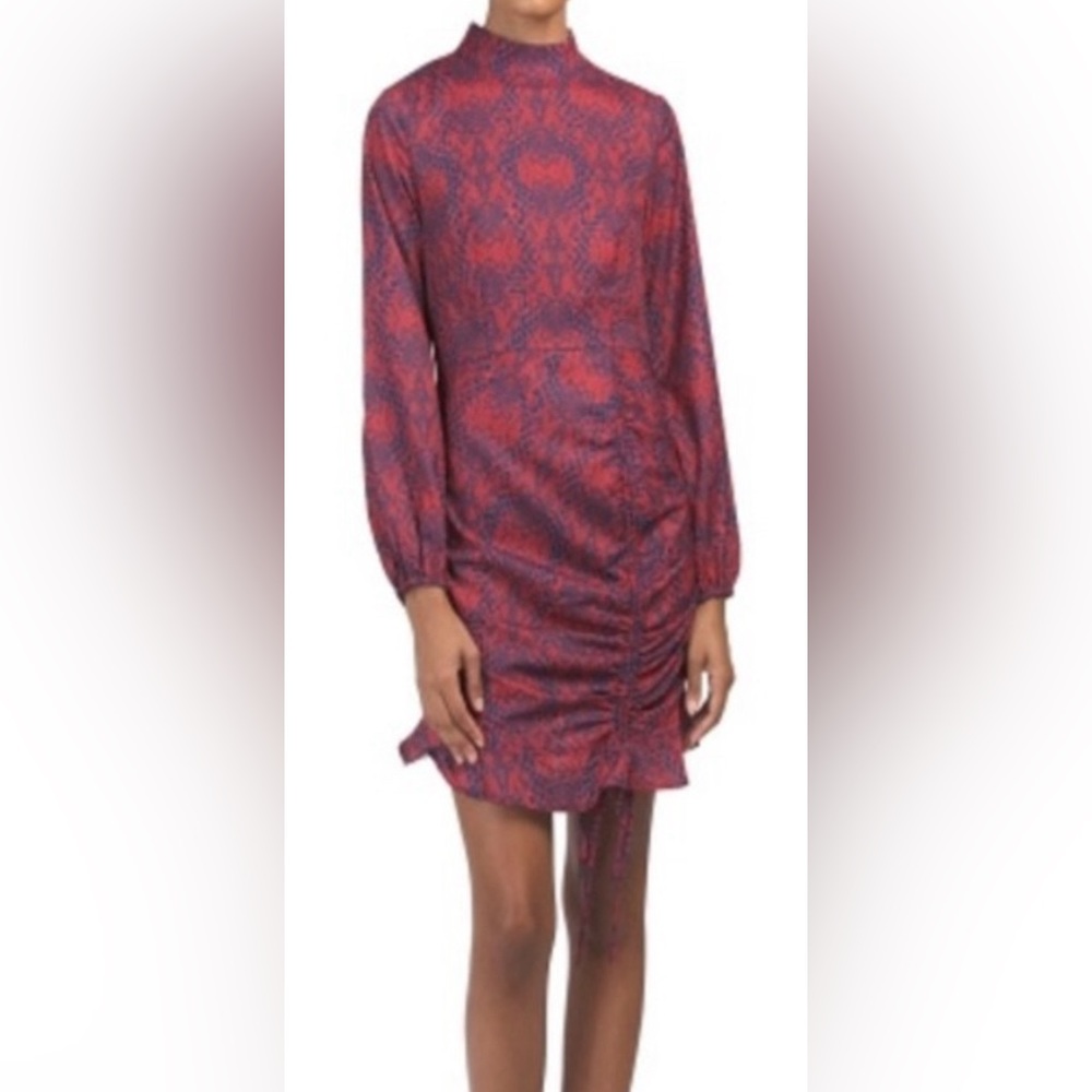 Long-Sleeve High Neck Mini Dress in Red and Purple Print
